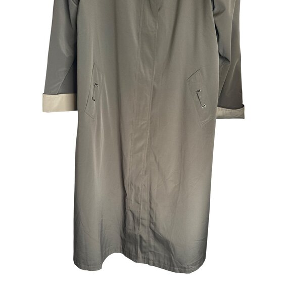 NWOT Gallery Size 12 Long Trench Coat Khaki Green Beige With Hood Rain Coat Line - Picture 13 of 16